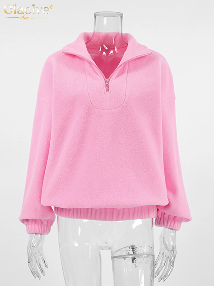 Clacive Winter Lose Rosa frauen Hoodies 2025, Mode Revers Langarm Mit Kapuze Elegante Klassische Solide Top Weibliche Kleidung