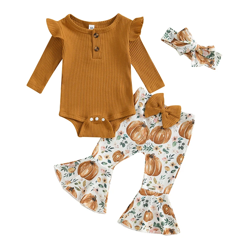 

3Pcs Baby Girl Fall Outfits Long Sleeve Romper Pumpkin Bell Bottoms Headband Set Winter Outfit