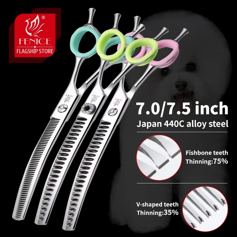 Fenice 7.0/7.5 inch Professional Dog Grooming Shears Curved Thinning Scissors for Dog Face Body Cutiing JP 440C High Quality