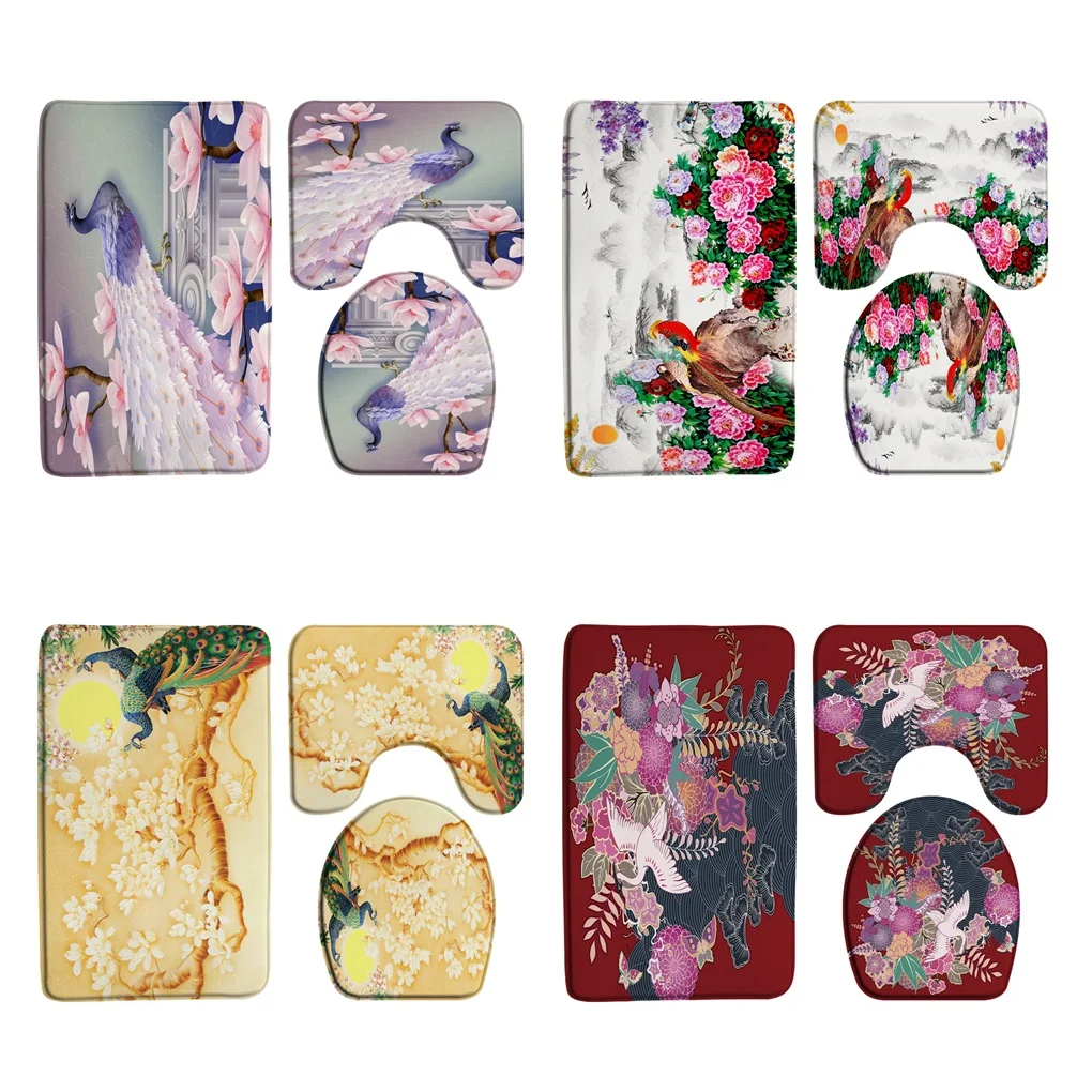 

Peacock Ephemera Romantic Bath Mat Set Bird Animal Peony Flower Home Room Doormat Anti-Slip Bathroom Rug Carpet Toilet Lid Cover