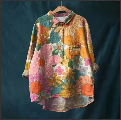 2025 Women Fashion Casual Floral Print Button Round Neck Shirt Top Colorful Holiday Beach Blouse Fall Loose Retro Style Tops