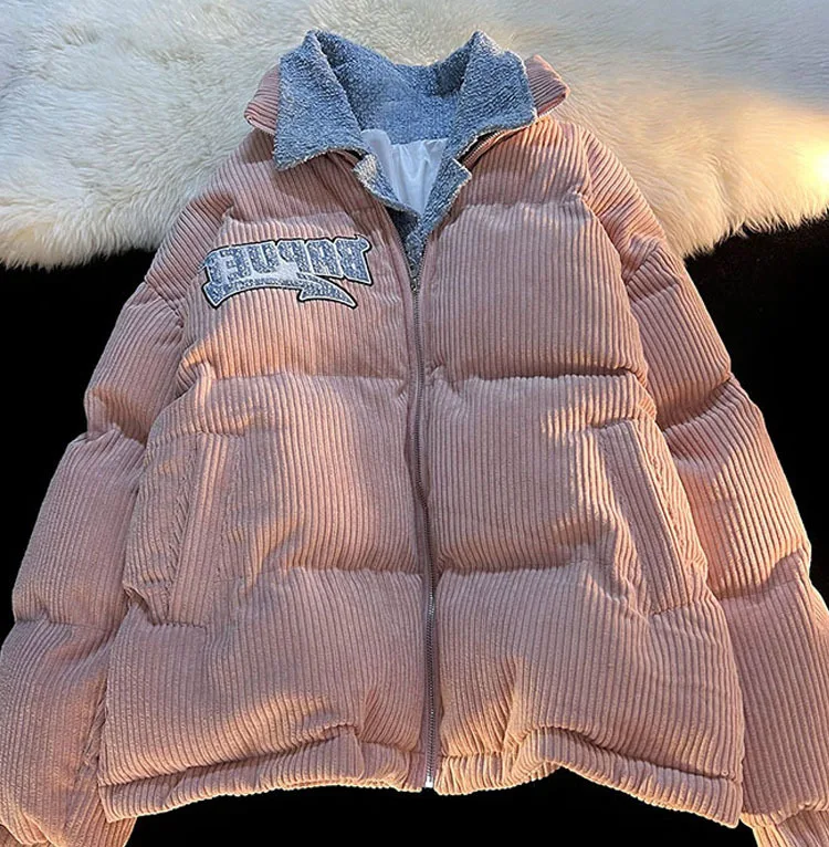 

2023 New Winter Warm Patchwork Coat Down Fashion Women Letter Corduroy Contrast Loose Jacket Casual Parkas