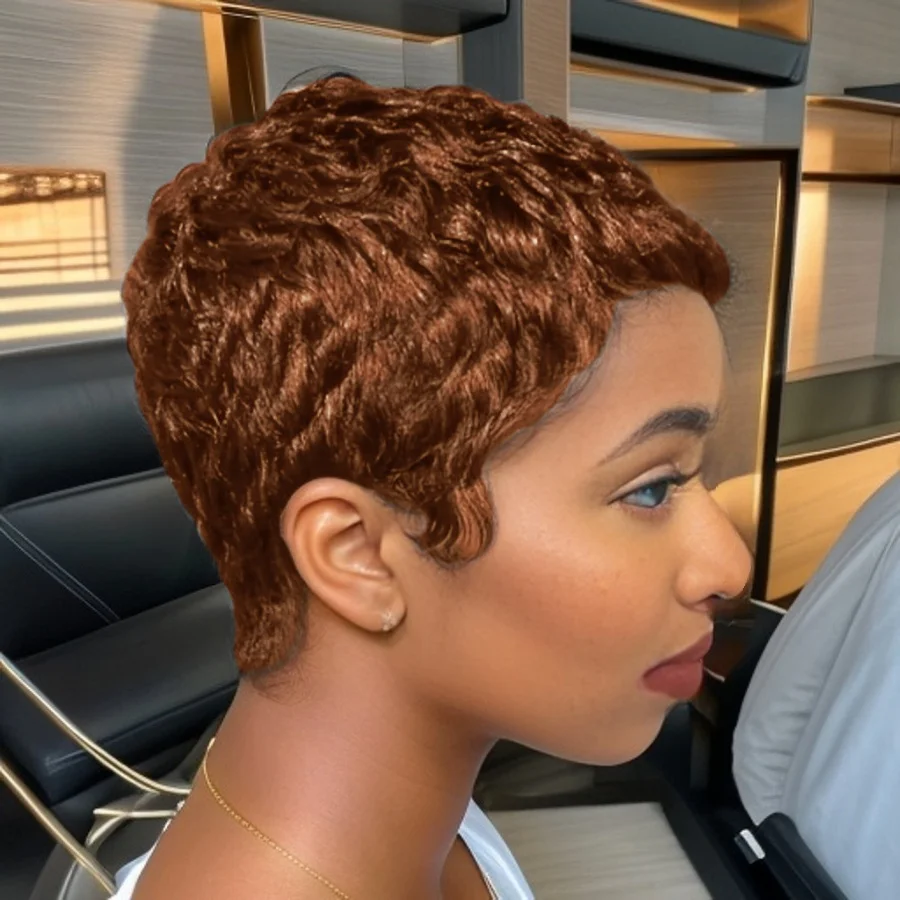 앞머리가 있는 짧은 픽시컷 가발 브라질 인모 전체 기계식 가발 1B/30/4 # /99J 컬러