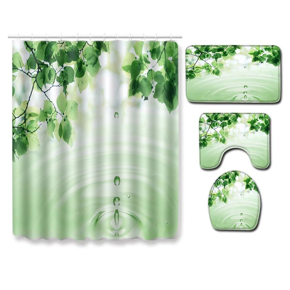 

Shower Curtain set Green Plant leaf Water Drop Bathroom Toilet Seat Cover non-slip Bath Mat Shower Curtain Home Decoration set