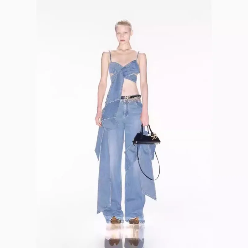 

Women's Spring Autumn Suit Cowboy Vest Straight Chest Wide Leg Breasted Bowknot Vintage Outfit Design Luxury Brand Simple Loose