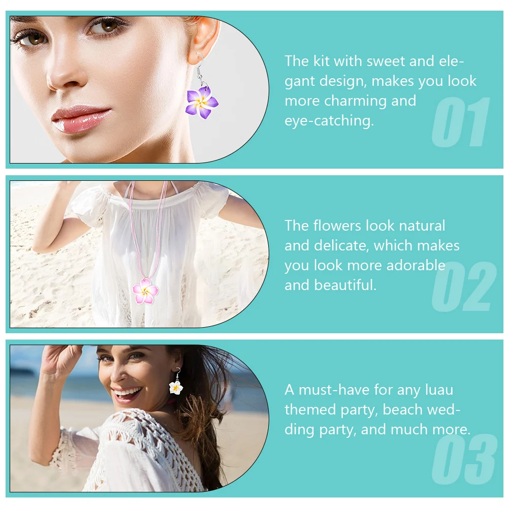 

Natural Look 4 Sets Plumeria Flower Necklace Earrings Set Clay Jewelry Hawaiian Tropical Party Purple Pink White Magenta