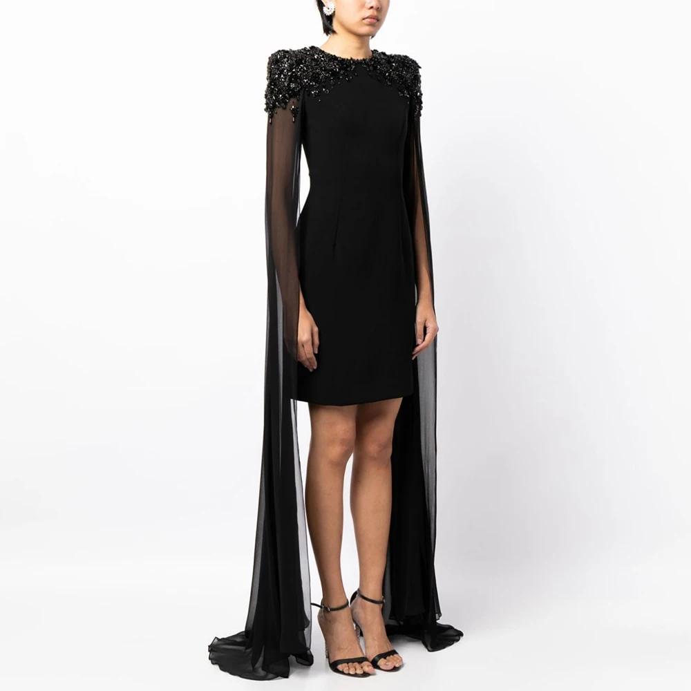 

Short Evening Party Dress Black Crystal Cloak Sleeves Luxury Cocktail Dresses Mini Sheath/Column O Neck Women's Gowns