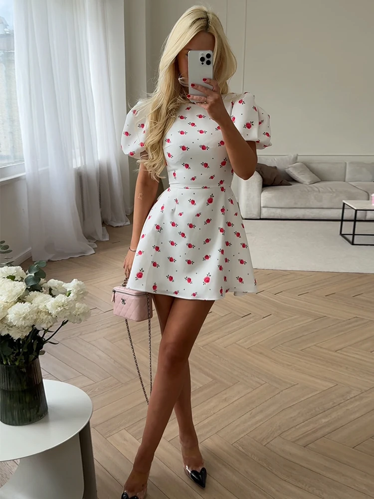 Floral Printed Dresses For Women Fashion Sexy Streetwear Puff Sleeves O-Neck A-Line Elegant Mini Vestidos Robes Female Slim Fit