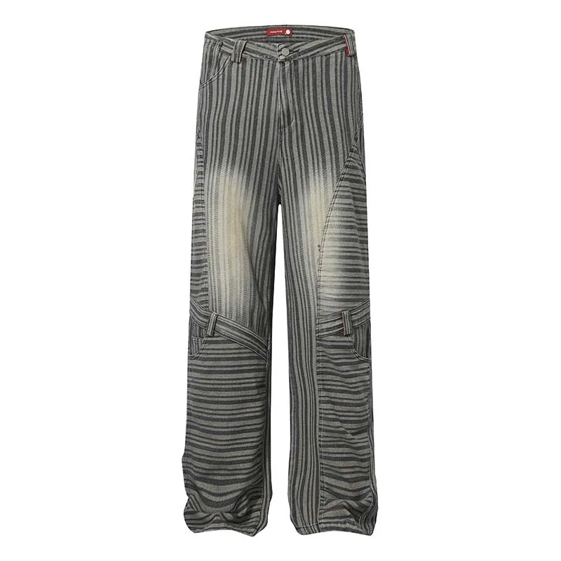 

Vintage Hi Street Striped Jeans Pants Straight Irregular Patchwork Denim Trousers For Male