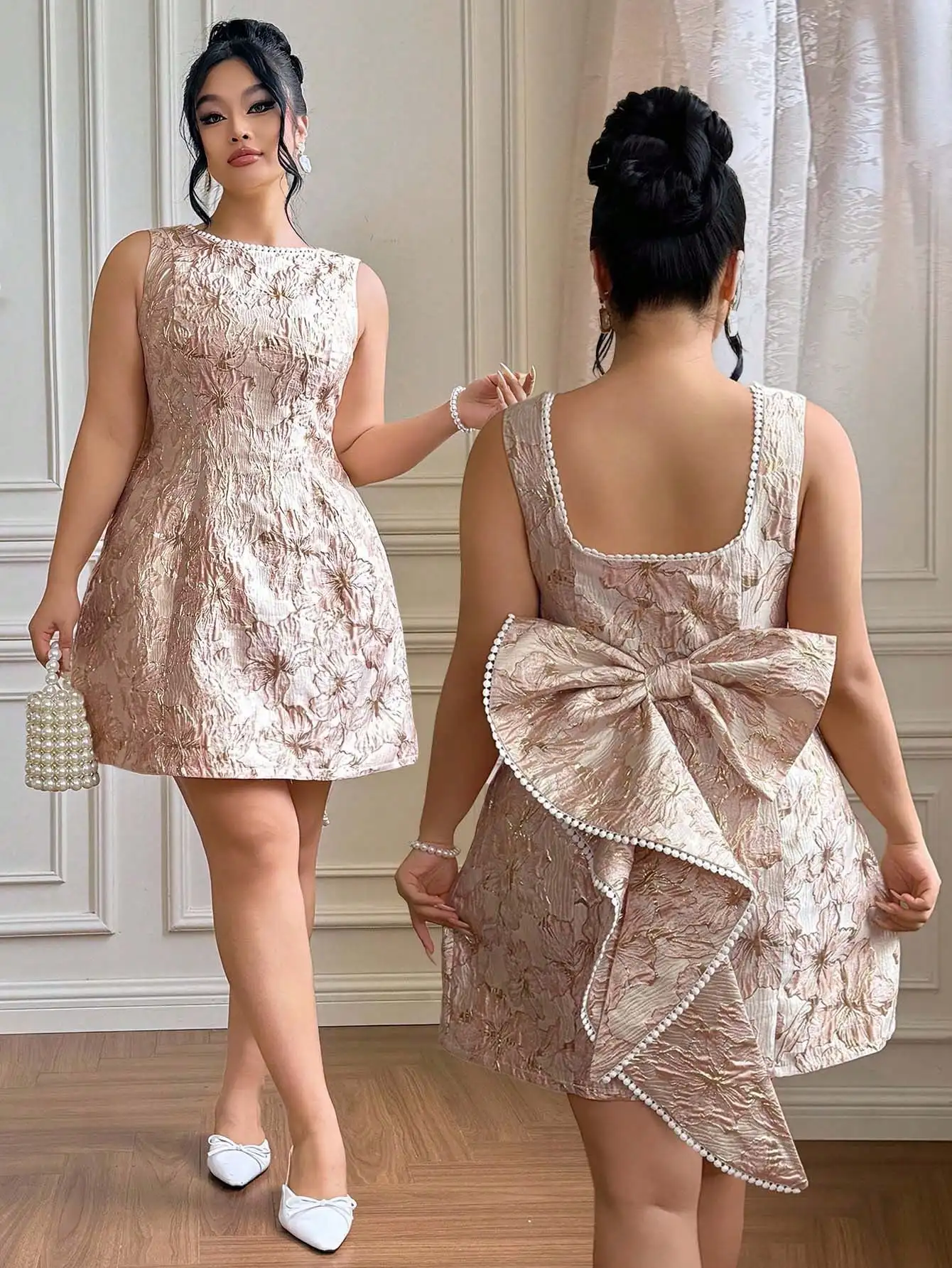 

Plus Size Floral Embroidered A-Line Dress with Pearl Trim and Back Bow