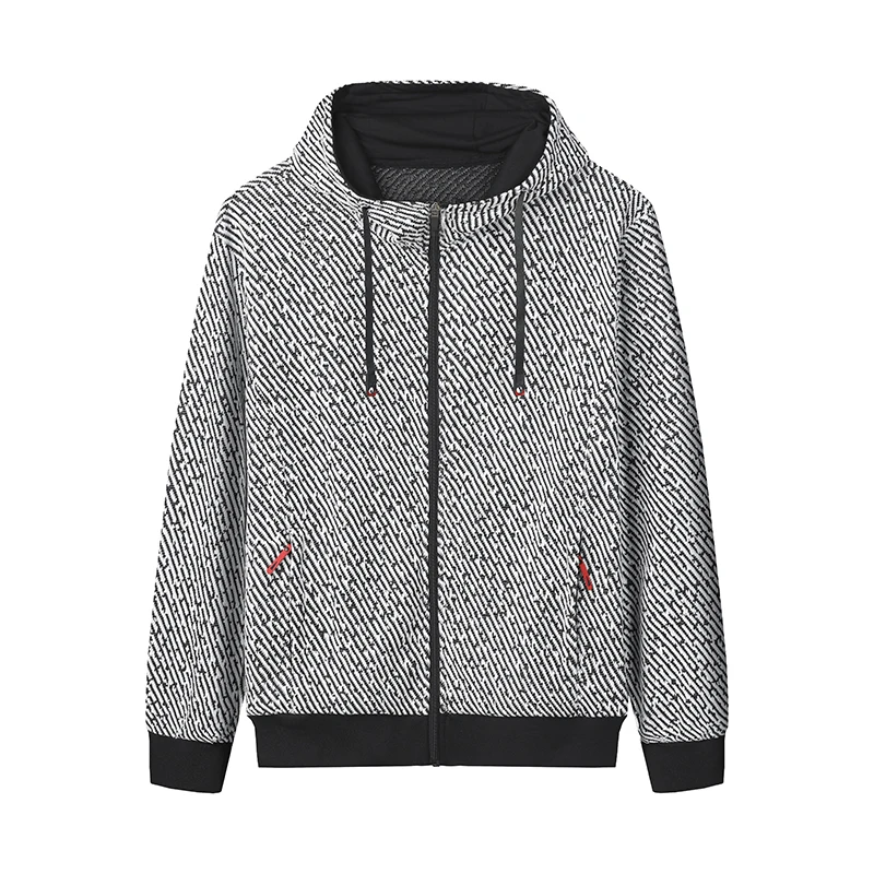 

Oversized Men's Textured Knit Hooded Jacket - Textured Fabric with Logo Accents, Zip Closure Trendy for Street & Party Outfits