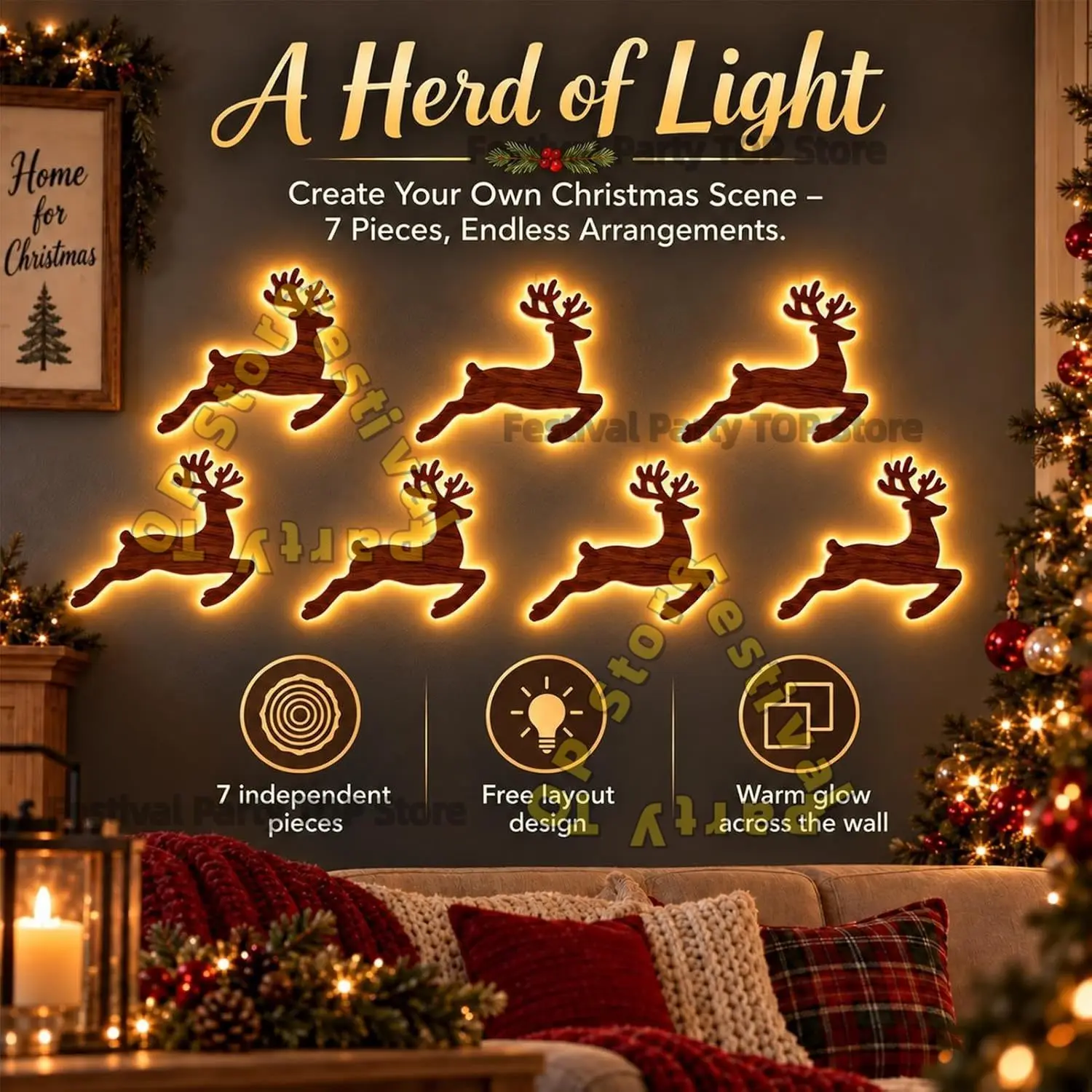 Reindeer Glow Christmas Decor LED Light up Glowing Reindeer Wall Stickers Outdoor Festive Lighting Holiday 3D Wood Decor Gift view 6