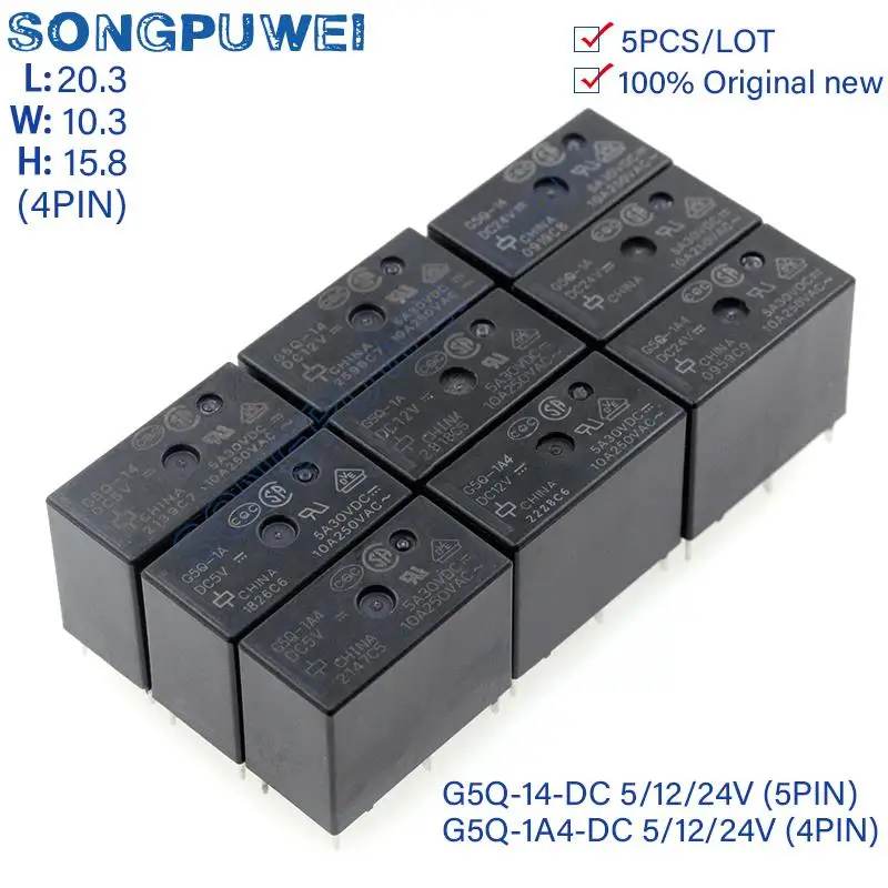 5Pcs/lot DC5V 12V 24V Relays G5Q-1A4-5V G5Q-14-12V G5Q-14-24V 10A 5Pin alternative G5Q-1A4 4PIN 100% Original new G5Q G5Q-1-EU