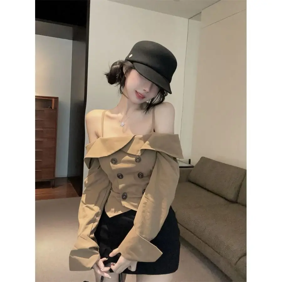 Spicy Girl Style Korean Version One Shoulder Camisole Shirt with French Design Niche Off Shoulder Short Top for Women