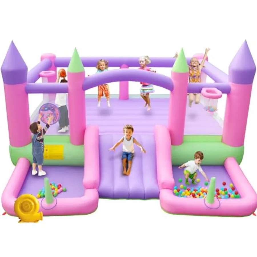 

Надувной батут 15 футов x 14,7 футов с вентилятором для детей от 3 до 12 лет, синий, с горкой, 2 бассейнами с шариками, 2 баскетбольными мячами, 2 мячами для риббоулинга