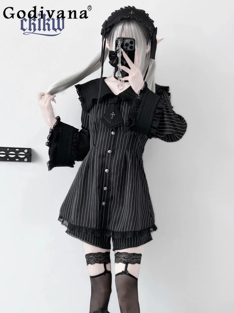 

Japanese Mass-Produced Mine Dress Set 2025 Subculture Gothic Girl Sweet Cool Long Sleeve Top Shorts 2-Piece Set Womens Outfits