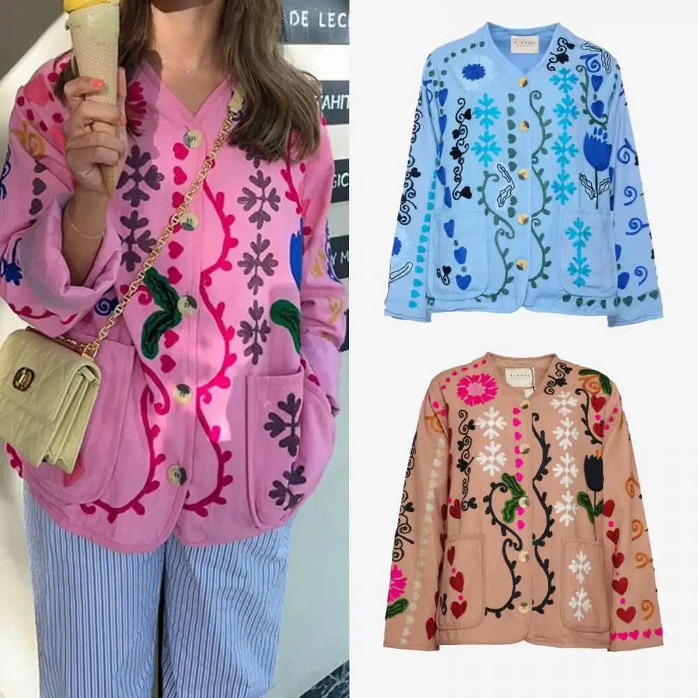 

Vintage Ethnic Print Cotton Pad Cardigan Autumn Fashion Crewneck Long Sleeve Coats 2024 Women Commuting Street Cardigans