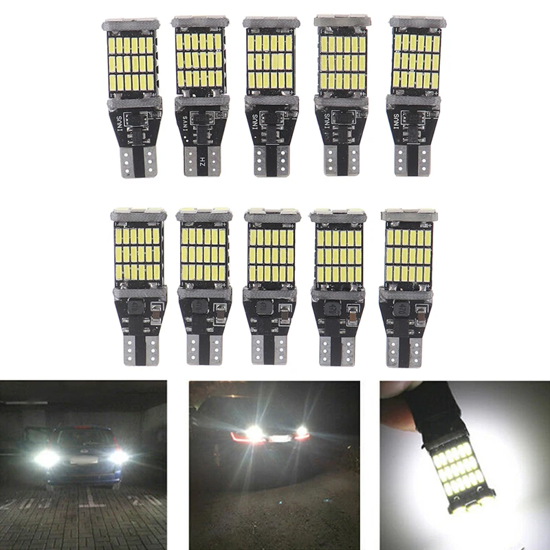 10Pcs White 45 SMD 4014 T15 W16W LED Car Reverse Back Light Bulb 6000K
