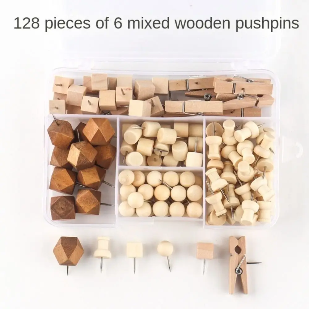 128 Uds. De chinchetas de madera creativas INS, chinchetas de pizarra 3D DIY con caja, chinchetas reutilizables con forma geométrica, marcadores de pared