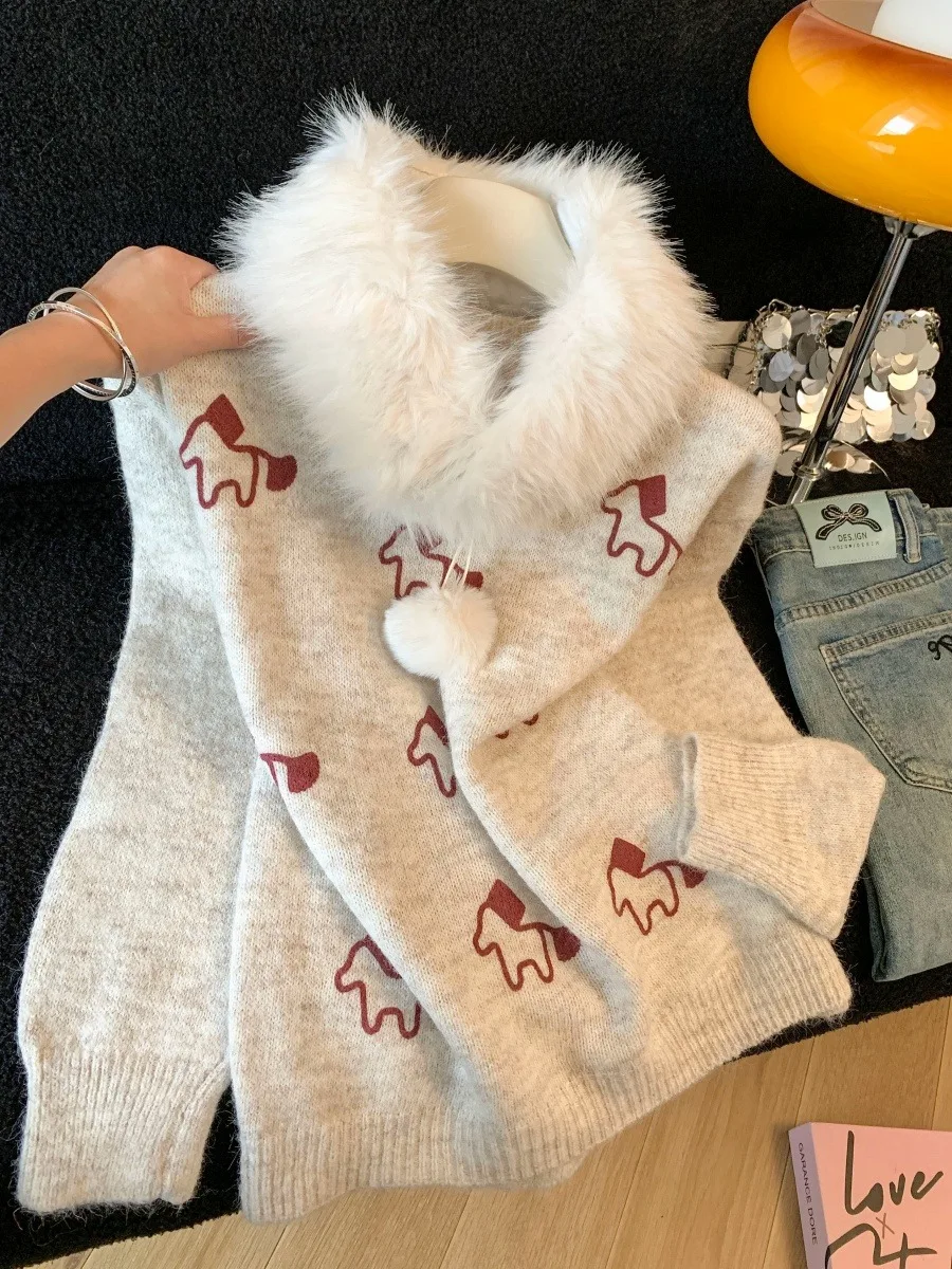 Suéter de punto con bonito diseño pequeño para mujer, Top de punto con cuello de piel desmontable suave y cálido para otoño e invierno