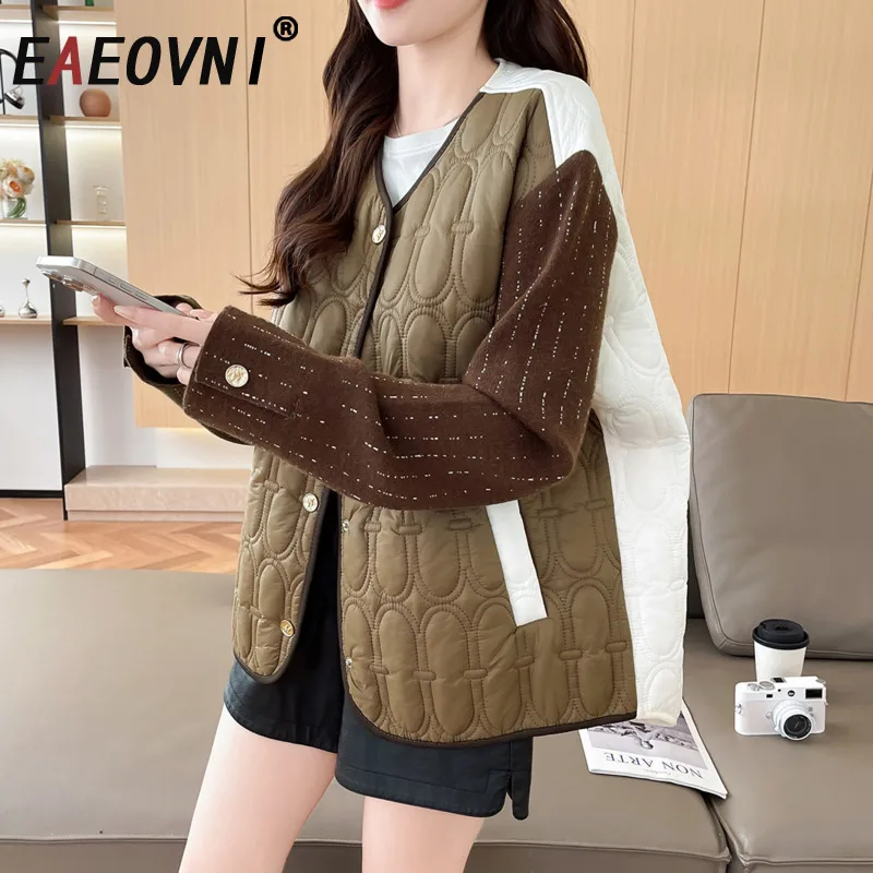

EAEOVNI Knitted Sleeve Spliced Cotton Jacket Women Fashion V Neck Contrast Color Button Warm Vintage Coat Autumn Winter New