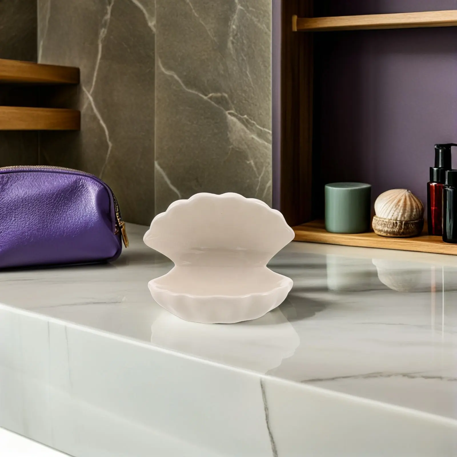 Ceramic Seashell Jewelry Dish Tray 5.3x4.3x4 Open Shell Clamshell Ring Holder Vanity Trinket Organizer Bathroom Bedroom