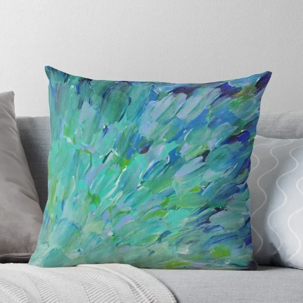 SEA SCALES - Beautiful BC Ocean Theme Peacock Feathers Mermaid Fins Waves Blue Teal Abstract Throw Pillow