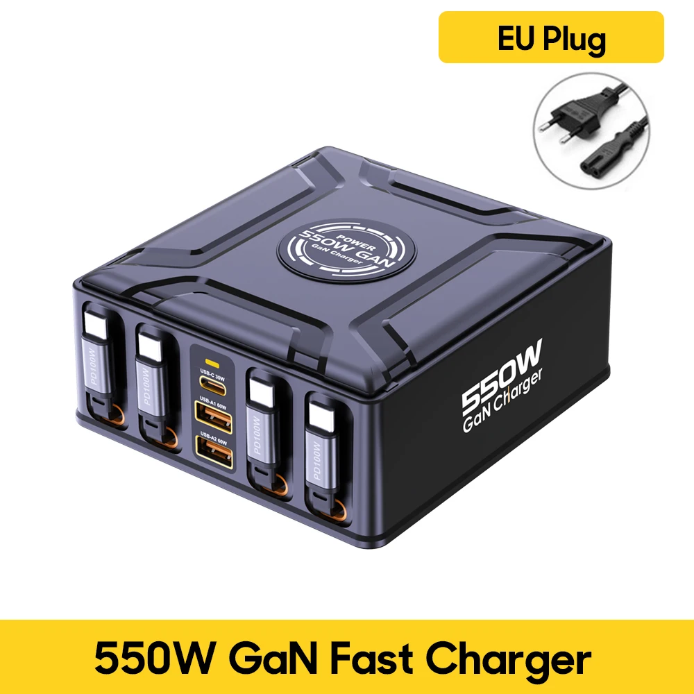 550W 7-in-1 oplaadstation met 100W intrekbare USB-C kabel GaN snellader voor MacBook Pro, iPhone 17, Samsung laptop en tablet