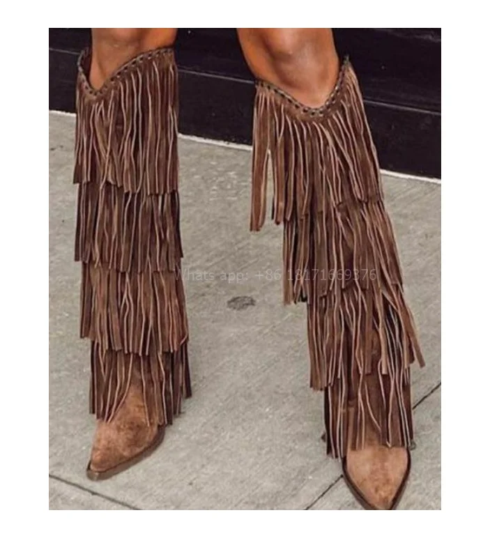 

Gladiator Pointed Toe Fringe Knee High Boots Suede Sexy Chunky High Heel Vintage Boots Fashion Fall Tassel Dress Shoes ROME 2024