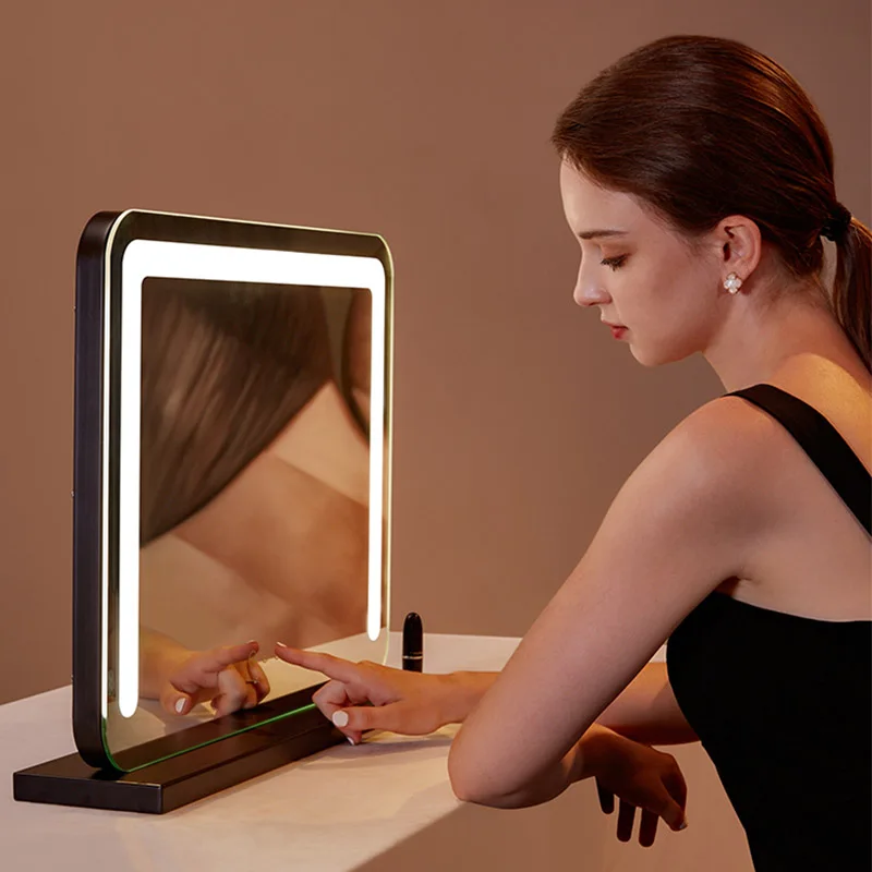 

Smart Touch LED Makeup Mirror with Base Desktop Lighted Square European Style Bedroom Makeup Desk Mirror with Ambient Lighting