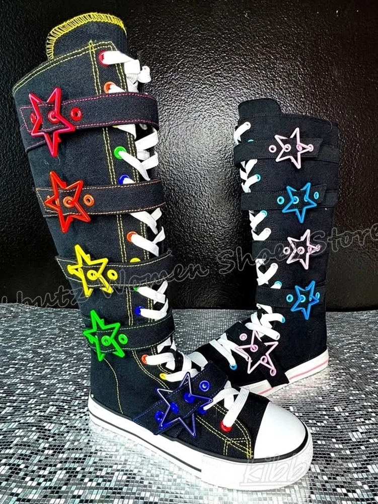 Stars Rainbow Sneaker Boots Knee High Lace-Up Round Toe Flat with Fashion Novelty Sexy Concise Sports Hot Girls Belt Buckle New - view 4