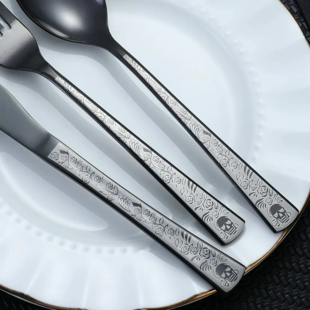 30pcs Stainless Steel Tableware with Black Knives, Forks, Spoons,  Suitable for Halloween and Easter and Laser Skull Patterns