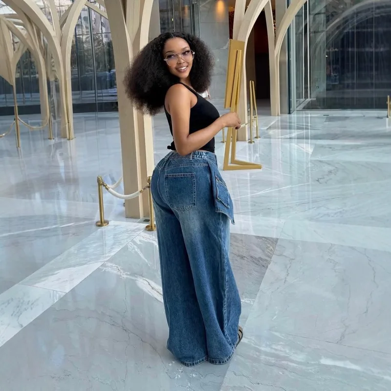 Dual Pocket Cargo Wide Leg Jeans High Waist Draped Loose Long Denim Trousers For Women