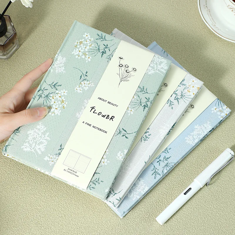Tiny Flower Cloth Cover A5 Notebook 200 Lined Pages Ivory Woodfree Paper Simple Aesthetic Hand Journal for Girls Office
