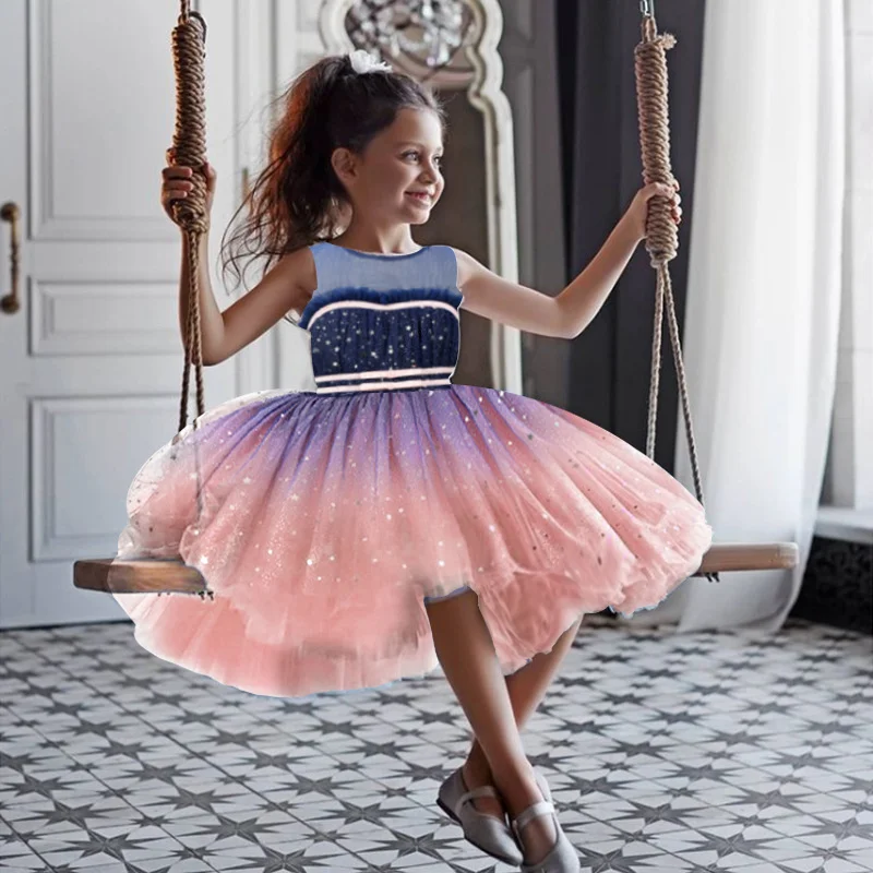 New girl Princess gauze fluffy dress Sequin gradient blue Tutu party dress formal communion maintenance evening dress girl