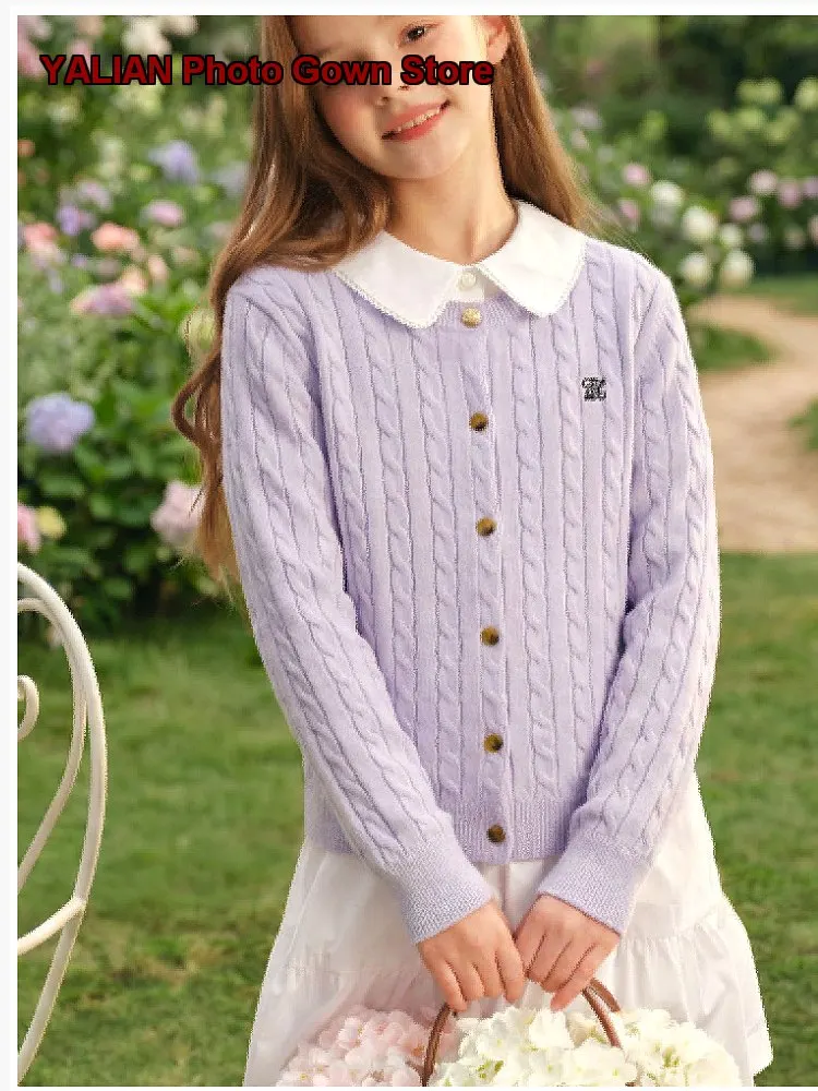Girls Knit Cardigan Kids Spring Summer Round Neck Knit Top Solid Color Cable Knit
