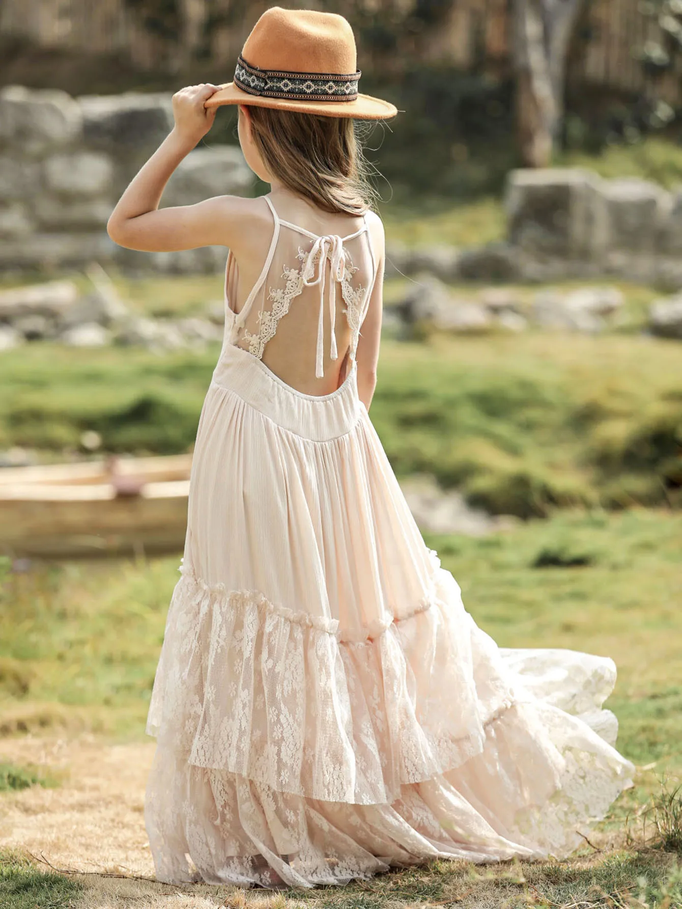 New Girl Lace Chiffon Backless Long Dress Wedding Flower Girl Fashion Sweet Birthday Party Girls Long Dress