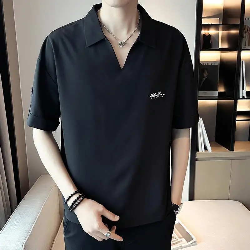 

Ice Silk Shirt Men's New Summer Pullover V-neck T-shirt Casual and Handsome
