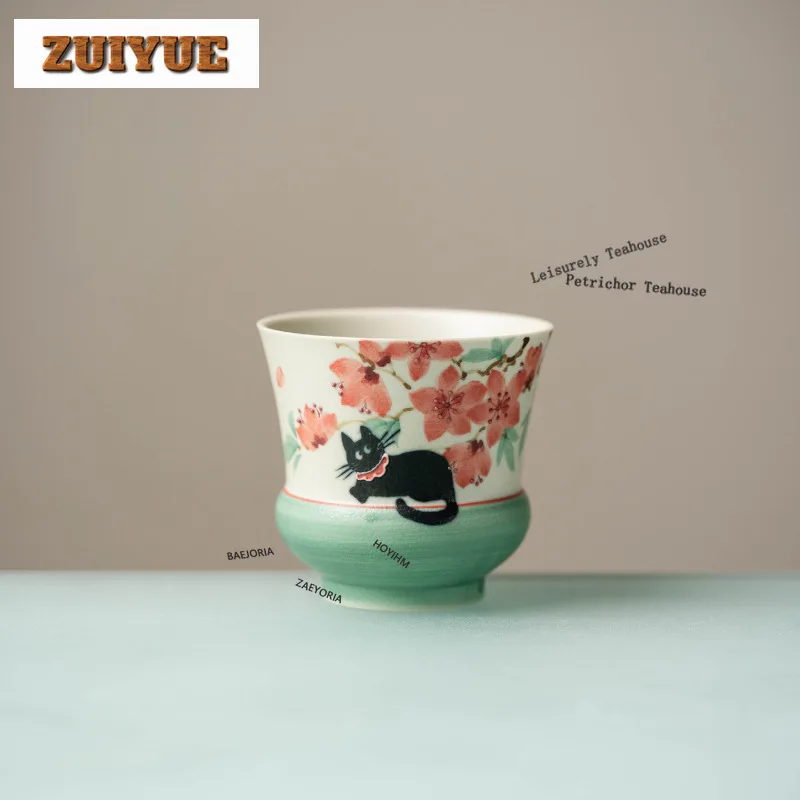 HOYIHM 130ml Hand-painted Cherry Blossom Cat Teacup Chic Tea Bowl Lovely Tea Cup Tea-tasting Fragrance Cup Chazhan Master Cups