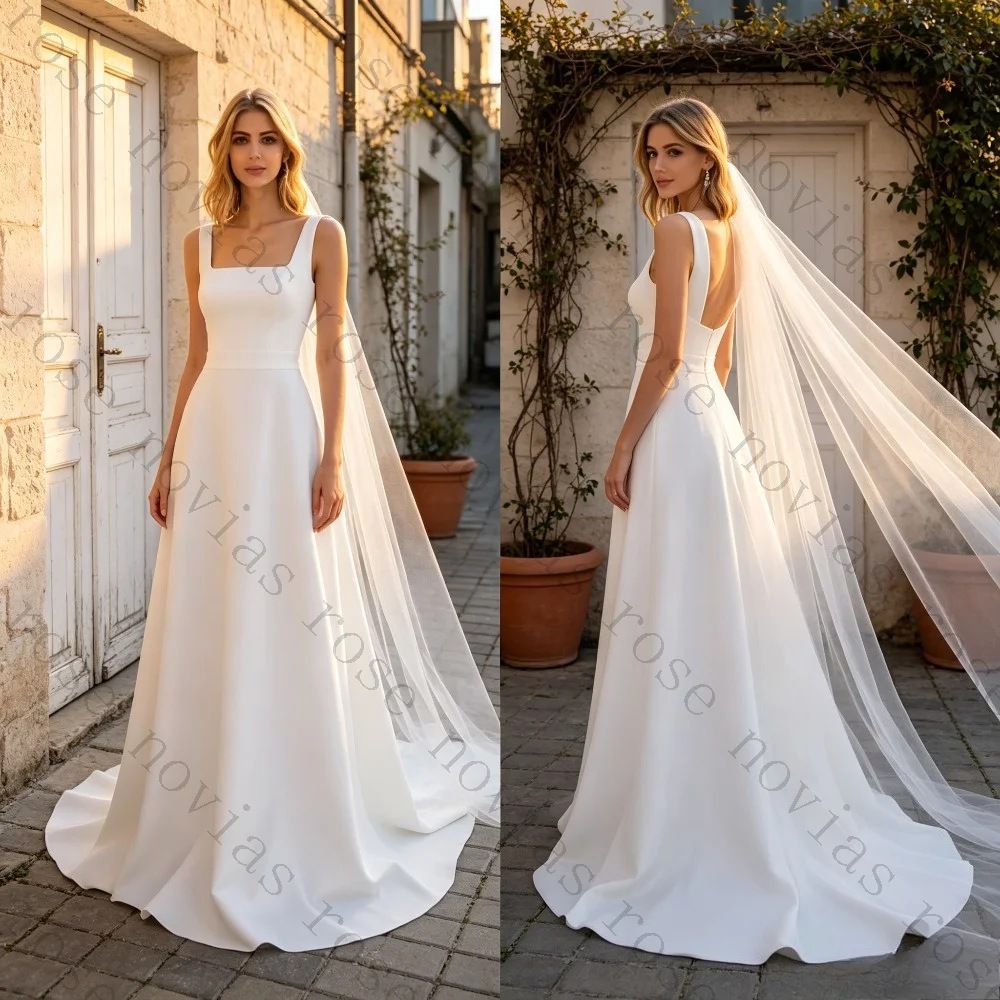Customized 2026 Satin Square Neck Sleeveless Wedding Dress A-Line Bridal Gown Simple Elegant for Beach Garden Reception Party