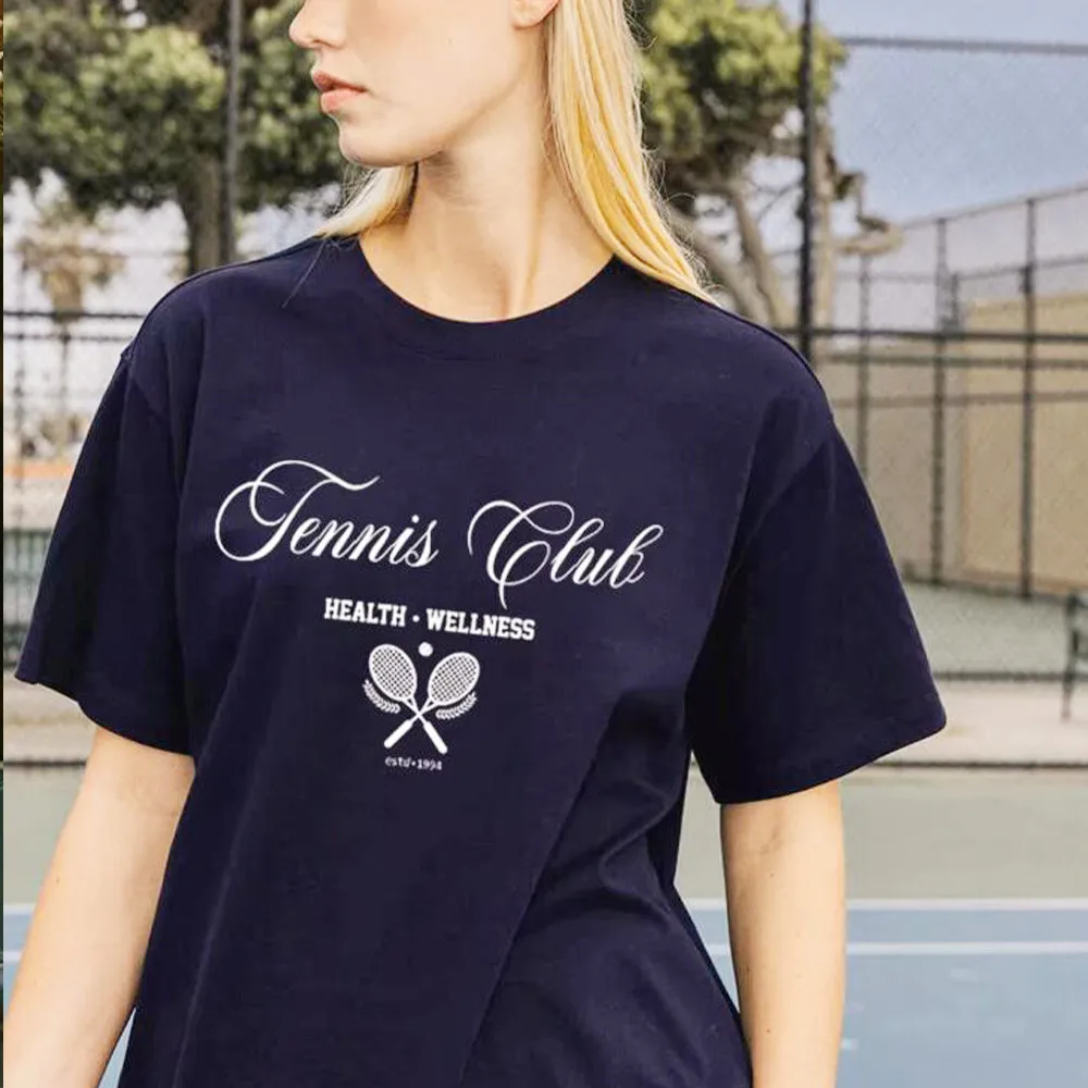 Summer Tennis Club Letters Printing Female Cotton T Shirts Short Sleeve Crewneck Loose Tops Vintage Sport Style Casual Tees