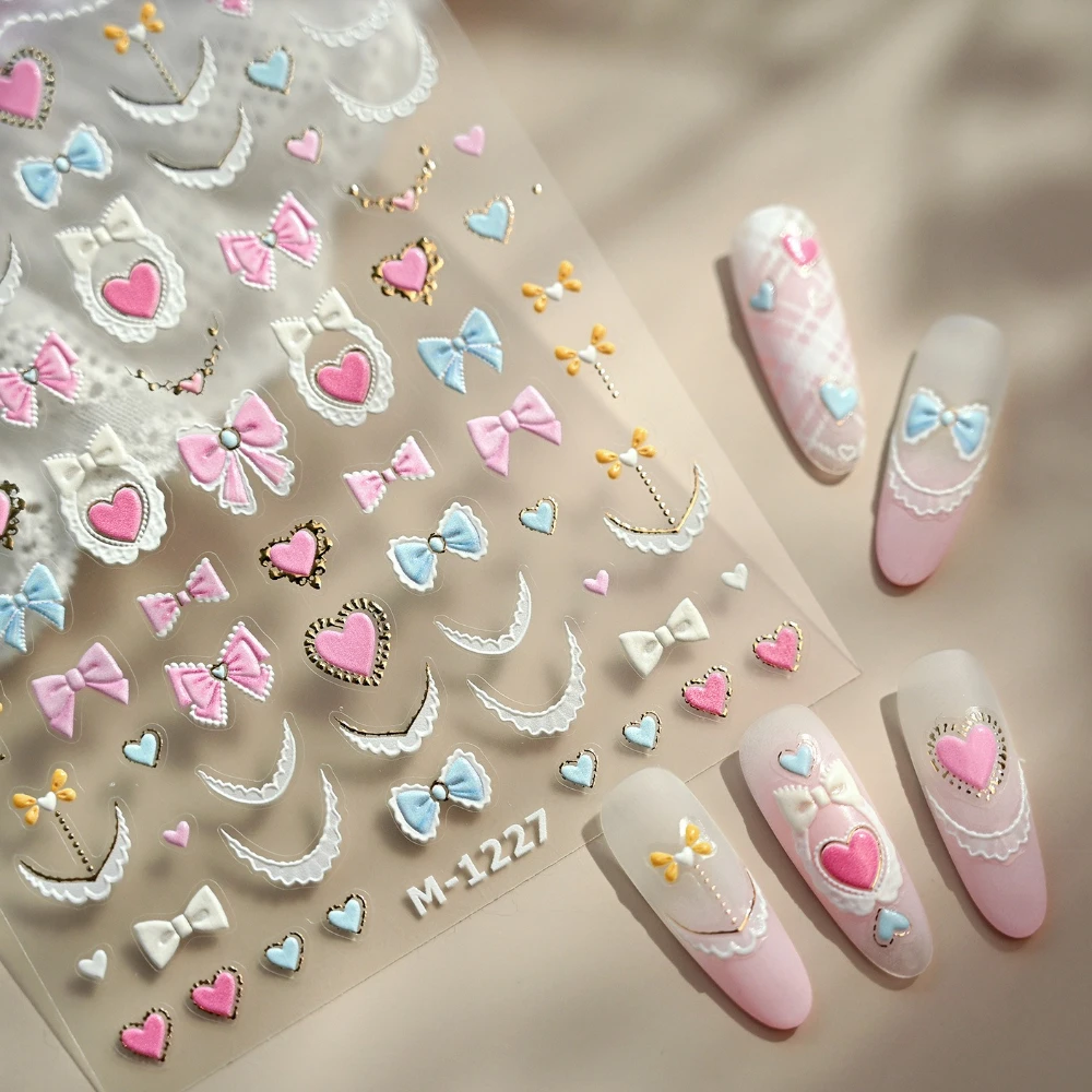 Lovely Pink Blue White Lace Bowknot Love Heart Gold Stamped 5D Reliefs Self Adhesive Nail Art Stickers Cute 3D Manicure Decals