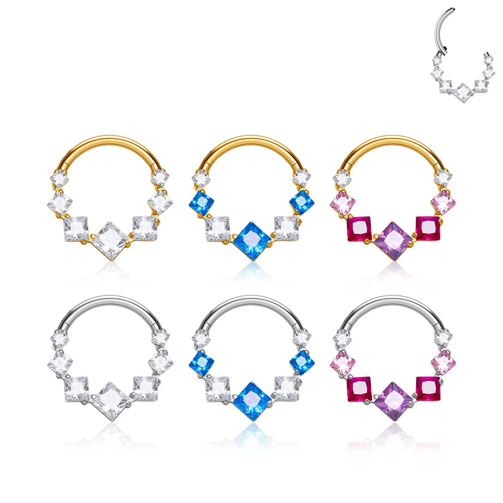 

G23 F136 Titanium Nasal Diaphragm Ring Square Multiple Colors Zircon Nasal Ring Perforated Jewelry Men's and Women's Earrings