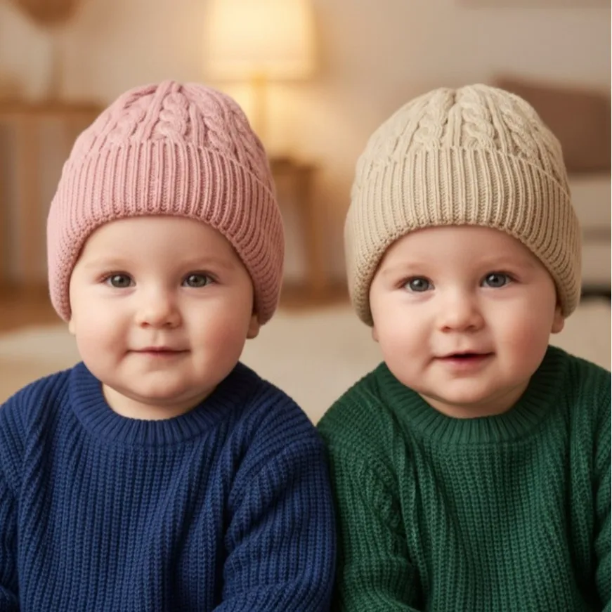 

Newborn Baby Boy Girl Winter Knitted Hat Autumn Warm Baby Woolen Bonnet Child Solid Knit Benaie Simple Fashion Toddler Knit Hat