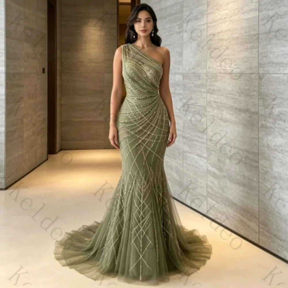Customized One‑Shoulder Mermaid Evening Gown for Women Geometric Beaded Pleated Bodice Tulle Floor‑Length Formal Prom Long Dress