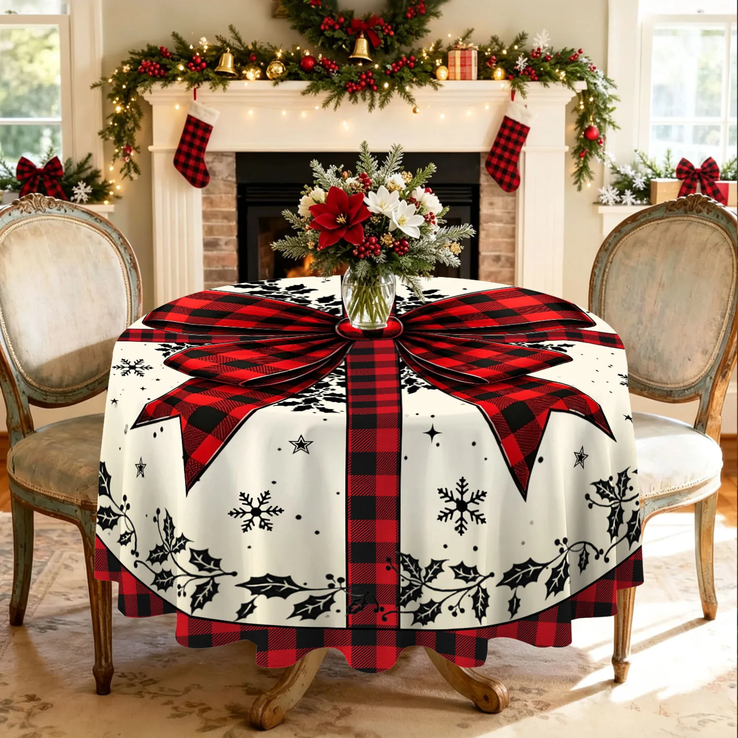Christmas Round Tablecloth Red Black Buffalo Plaid Bow Gift Box Snowflake Holly Table Cover Xmas Holiday Dinner Party Decor