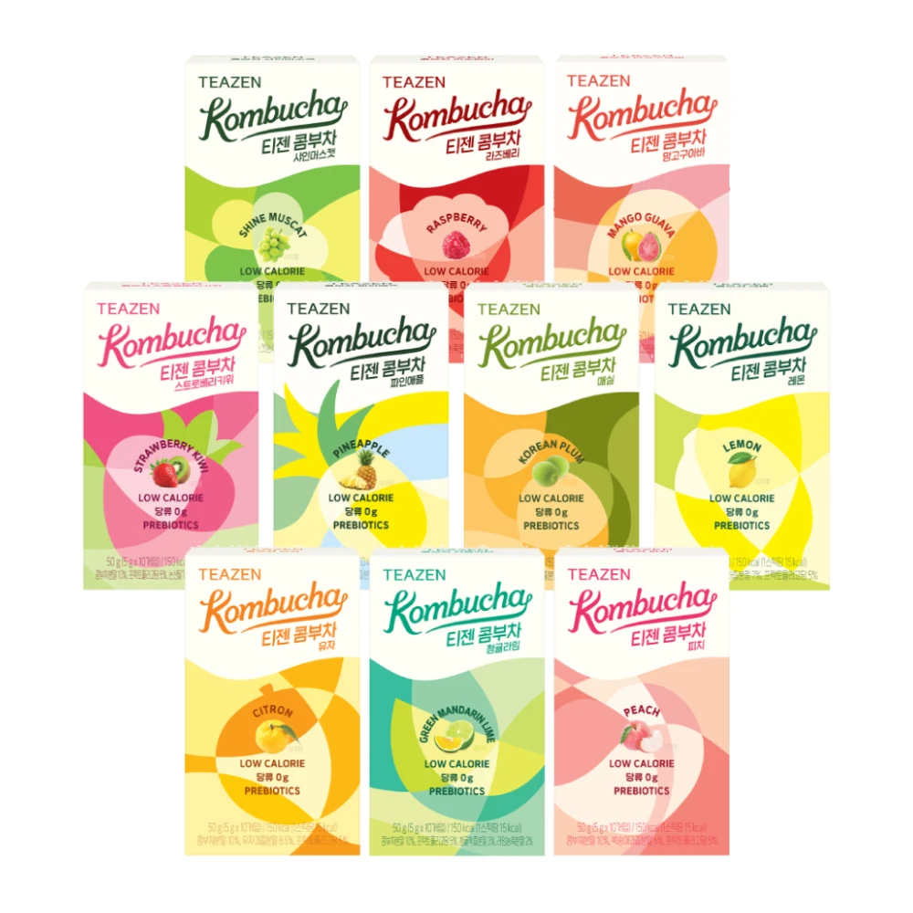 Teazen Kombucha Set of 10 (Lemon/Raspberry/Guyiza/Peach/Pineapple/Shinnmuscat/Mangoyava/Marine/Cing귤 Lime/Stravery Kiwi)