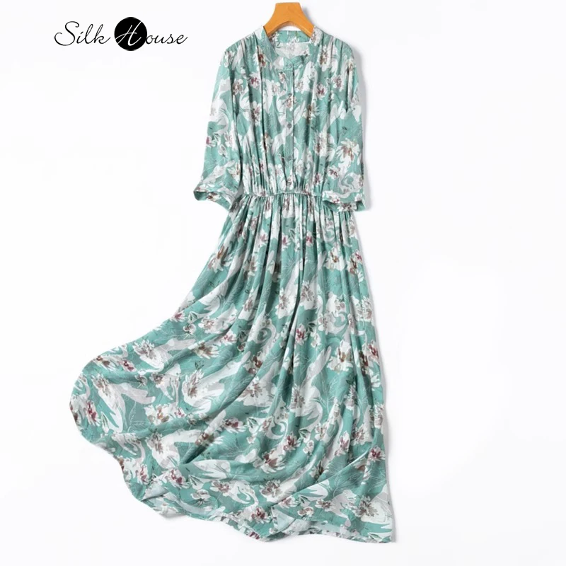 

2024 Women's Summer New Refreshing Art 93% Natural Mulberry Silk Elastic Crepe De Chine Standing Neck A-line Holiday Style Dress