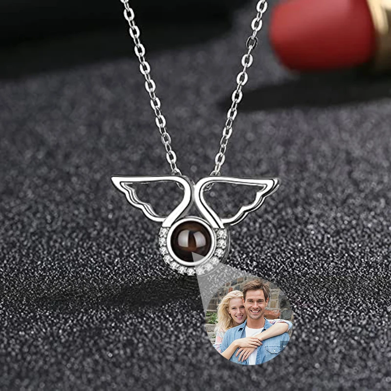 Custom Photo Projection Necklace I Love You Necklace Personalized Picture Projection Pendant Angel Wings Jewelry Gifts for Her