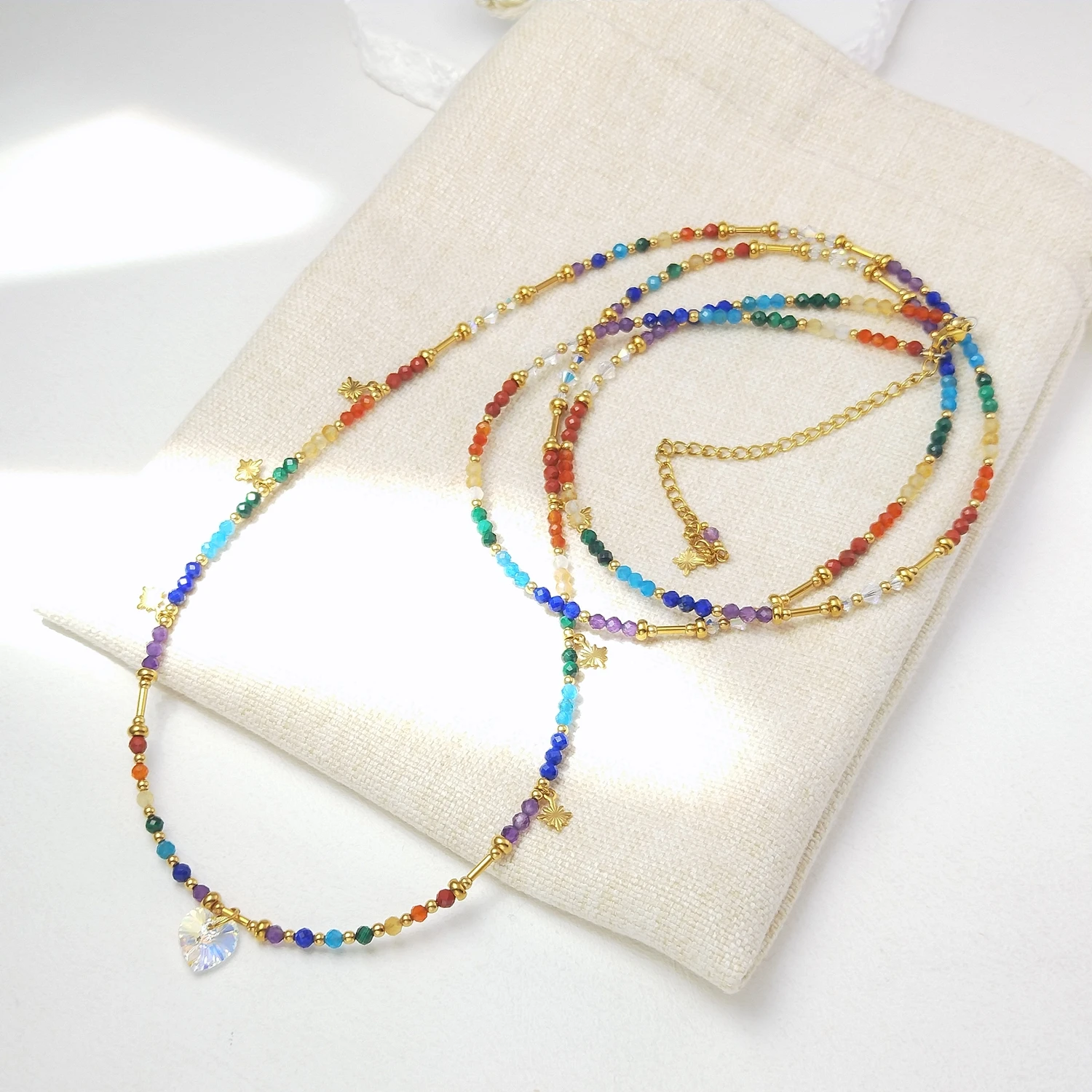 Lii Ji 3mm Facted Beads 7 Chakras Stainless Steel Waist Chain 106+10cm Natural Stone Jewelry